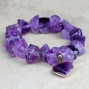 Chunky Amethyst Bracelet Gemstone Jewelry, Boho Heart Pendant from Brazil